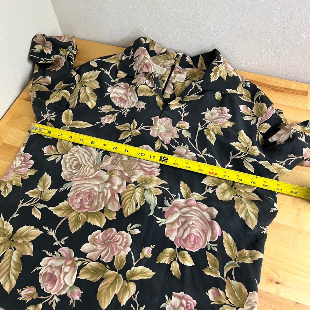 Dana Buchman 100% Silk Floral Tunic Size 6 Black Pink Long Sleeve Collar Vintage - Picture 9 of 10